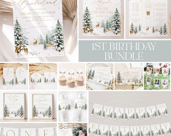 May include: A printable set of winter wonderland themed party decorations for a first birthday. The set includes a welcome sign, a food label, a banner, cupcake toppers, a thank you card, and a photo booth backdrop. The decorations feature a woodland scene with deer, trees, and snowflakes.