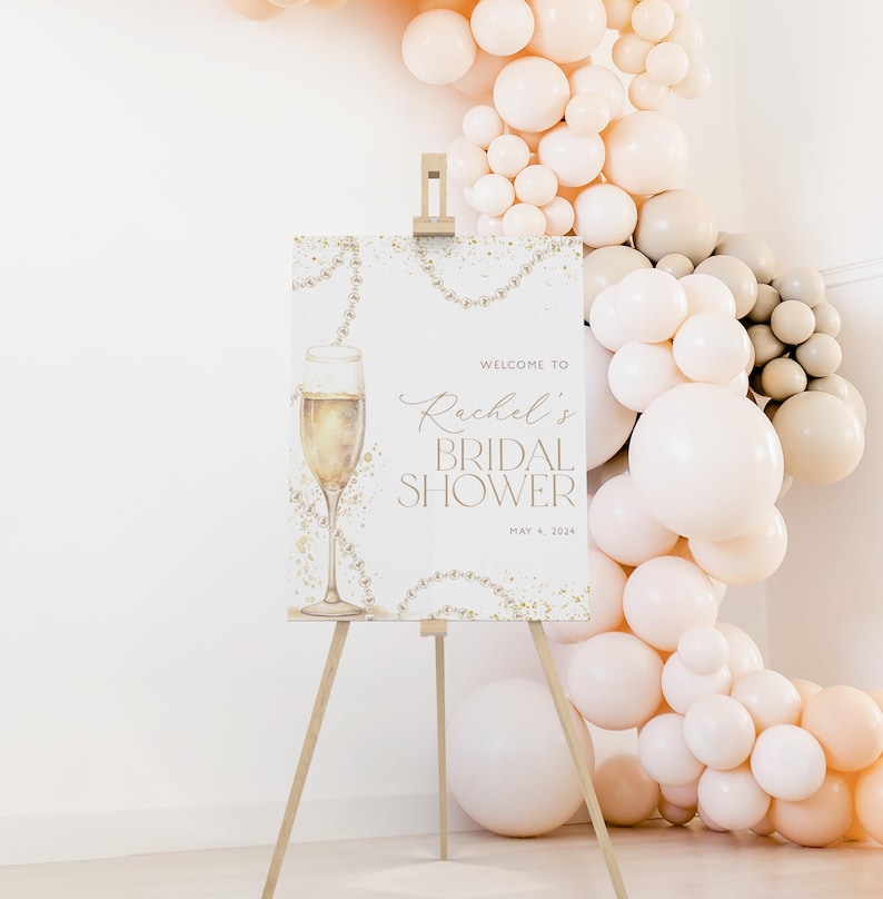 Mall för välkomstskylt till bruddusch, välkomstaffisch för bruddusch med pärlor och prosecco, välkomstskylt för pärlhalsband, utskrivbar skylt, BS57 bild 10