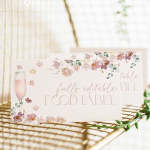 Roze bloemen voedseletiketten, bloemen bruids douche voedsel label kaart, Champagne bruids douche voedsel tags, gevouwen voedselkaarten, tented voedsellabel, BS28