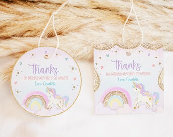 Cumpleaños de unicornio gracias etiqueta de favor, cumpleaños de arco iris pastel gracias etiqueta, cumpleaños de brillo de oro gracias, cumpleaños de unicornio de niña, BD53