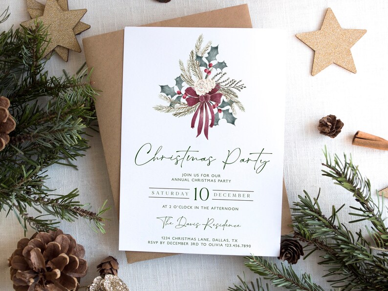 Christmas Party Invitation, Holiday Party Invitation Template, Editable Christmas Invitation, Christmas Holly, Work Holiday Party, CP10 image 1