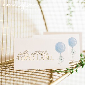 Baby shower voedseletiketten, voedseletiketkaart, voedseltentkaart, jongen baby shower voedseltags, gevouwen voedselkaarten, tented etiketten, blauwe ballon, BBS01