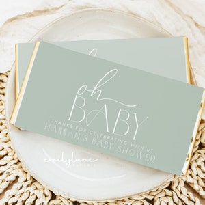 Salie groene chocolade bar wrapper, minimale candy bar wrapper sjabloon, genderneutrale baby shower candy bar wrapper, douche gunsten, BBS16