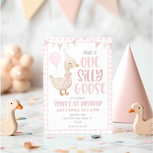 One Silly Goose Birthday Invitation, 1st Birthday Girl Invite Printable, Goose 1st Birthday, Goose Invitation Template Pink Gingham, BD142