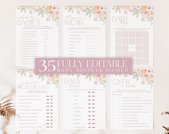 Baby Shower Games Girl, Floral Baby Shower Editable Games, Printable Games, Baby Games Pack, Muted Pink Baby Girl, Girl Baby Shower, BBS94