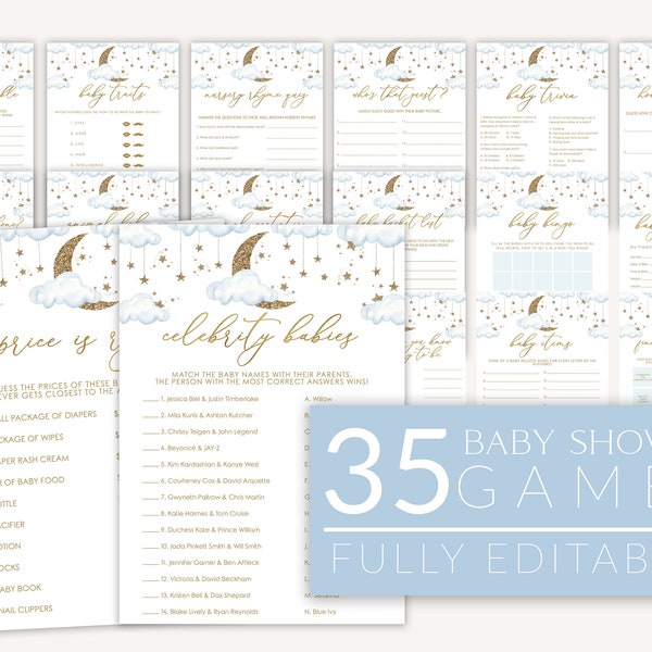 Twinkle Twinkle Star Baby Shower Games Boy, Blue Moon Stars Baby Shower Games, Printable Games, Moon Stars Baby Game Pack, Boy Baby, BBS42