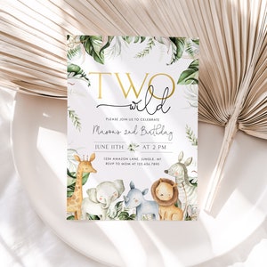 May include: A white invitation card with green and gold accents. The card features the text "TWO wild" in gold lettering and the words "Please join us to celebrate Mason's 2nd Birthday" in black lettering. The card also includes a date and time for the event, as well as an address and RSVP information. The card is decorated with a watercolor illustration of jungle animals, including a giraffe, elephant, rhino, lion, and zebra.
