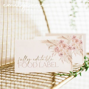 Étiquettes d'aliments bohème rose, carte d'étiquettes d'aliments pour baby shower bohème, étiquettes d'aliments de baby shower floral bohème, cartes d'aliments pliées, étiquettes d'aliments sous tente, BBS39