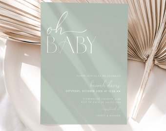 Sage Green Boho Baby Shower Invitation, Minimal Baby Shower Invite, Sage Green Baby Shower, Editable Boho Baby Shower, Gender Neutral, BBS16