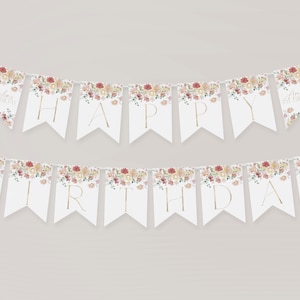Floral Happy Birthday Banner, Happy 1st Birthday Banner Printable, 1st Birthday Decor Girl, Floral Birthday, Girl 1st Birthday, Floral, BD14