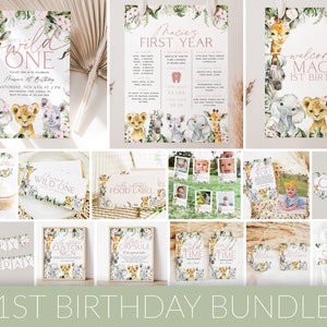 Wild One Birthday Girl Invitation Bundle, She&#39;s A Wild One Invitation Printable, Girl Birthday, Safari Animals Invitation, Wild One, BD07