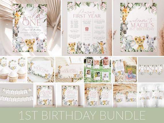 Wild One Birthday Girl Invitation Bundle, She's A Wild One Invitation Printable, Girl Birthday, Safari Animals Invitation, Wild One, BD07