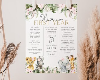 Może przedstawiać: Aquarela przedstawiająca tabelę z kamieniami milowymi pierwszego roku życia dziewczynki o imieniu Olivia, w stylu dżungli. Tabela zawiera informacje o jej pierwszym roku życia, takie jak data urodzenia, waga, wzrost, ulubione jedzenie, zabawki, książki i piosenki. Tabela jest ozdobiona różowymi kwiatami, zielonymi liśćmi i ilustracjami lwa, zebry, słonia i żyrafy.