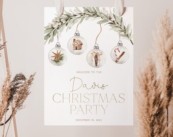 May include: A white printable sign with a watercolor illustration of a green leafy branch with four hanging ornaments. Each ornament contains a different Christmas-themed image. The text on the sign reads "Welcome to the Davis Christmas Party December 10, 2022".
