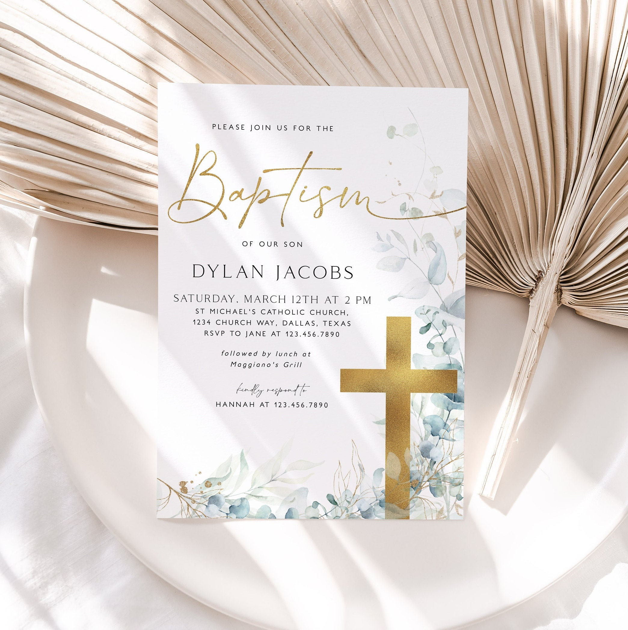 Baptism Invitation, Christening Invitation Template, Eucalyptus Greenery  and Gold Christening Invitation Printable Baptismal Invite, BT4 - Etsy, image size:2089x2093