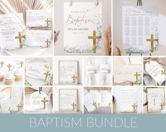 Eucalyptus Gold Baptism Invitation Bundle: Editable Christening Decor (Digital Download)