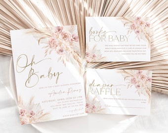 Pink Boho Baby Shower Invitation Set, Oh Baby Invite, Girl Baby Shower, Boho Floral Baby Shower Invitation, Boho Baby Shower Invite, BBS39