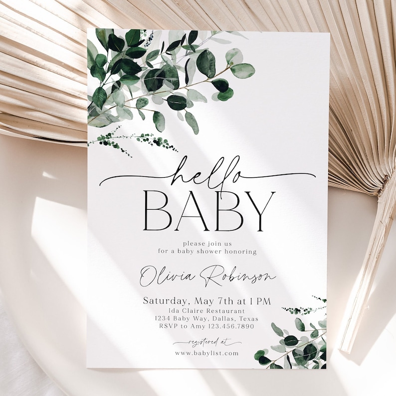 Greenery Baby Shower Invitation, Baby Shower Invite, Botanical Baby Shower Invite, Gender Neutral, Editable Baby Shower Template, BBS34 image 2