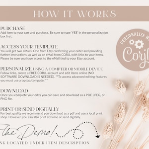 May include: A step-by-step guide on how to purchase, access, personalize, download, and print or send a digital template using the Corjl platform. The guide includes five numbered steps with instructions and a link to a demo.