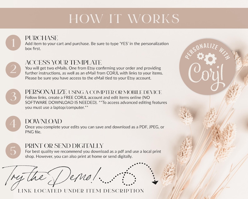 May include: A step-by-step guide on how to purchase, access, personalize, download, and print or send a digital template using the Corjl platform. The guide includes five numbered steps with instructions and a link to a demo.