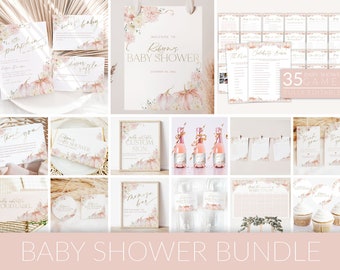 May include: A printable baby shower bundle with a fall theme. The bundle includes invitations, thank you cards, food labels, games, and decorations. The design features a watercolor pumpkin with floral accents in shades of pink and gold.