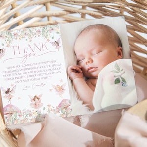 Fairy Bedankkaart, Fairy 1e verjaardag Dank u, Pink Fairy Girl 1e verjaardag, Girl First Birthday, Pink Fairy Dank u Opmerking, BD69