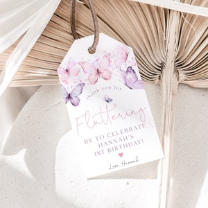 Etiqueta de favor de cumpleaños de mariposa rosa, gracias, etiqueta de favor de cumpleaños, etiqueta de favor editable, etiqueta de regalo imprimible, cumpleaños de mariposa púrpura, BD18
