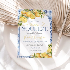 She Found Her Main Squeeze Invite Italian, Lemon Citrus Mediterranean Bridal Shower Invite, Italian Blue Tiles Bridal Shower Invite, BS47