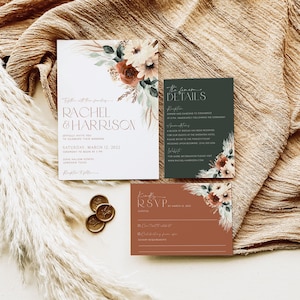 Boho Wedding Invitation Template Set, Boho Terracotta Wedding Invite, Boho Floral Wedding Invitation, Editable Boho Wedding Invite, WI14