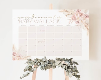 Calendário de data de vencimento do chá de bebê Boho rosa, placa floral Boho para data de nascimento do bebê, adivinhe a data de chegada, placa de data de vencimento, chá de bebê, BBS39