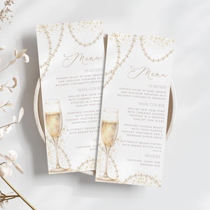 Szablon menu na wieczór panieński, Perły i prosecco menu na wieczór panieński, Menu do druku, Edytowalne menu dla panny młodej, Menu na wieczór panieński z prosecco, BS57
