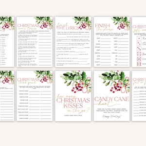May include: A set of printable Christmas party games with a watercolor floral design. The games include "Christmas Around the World", "Name That Christmas Tune", "Christmas Movie Trivia", "Finish the Lyrics", "Finish the Phrase", "Christmas Think Pair", "How Many Christmas Kisses in the Jar", "Candy Cane Hunt", "Christmas Gift Exchange", and "Christmas Fact or Fiction".