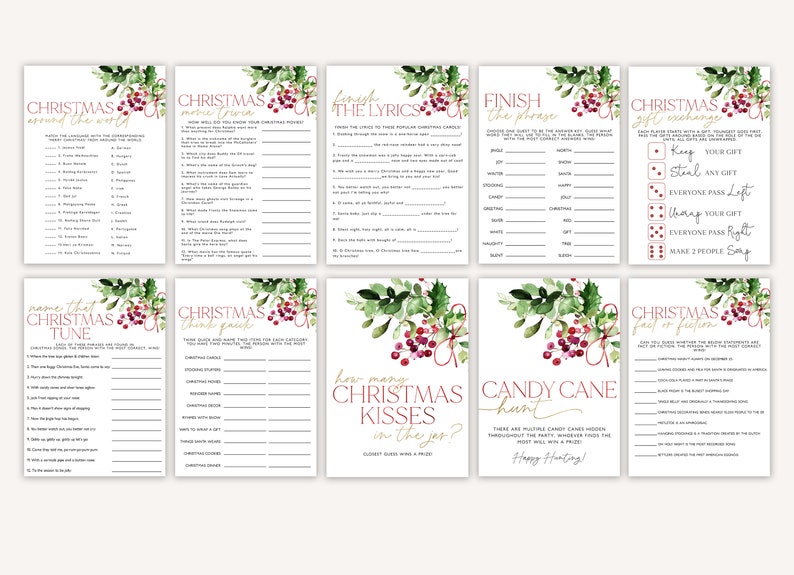 May include: A set of printable Christmas party games with a watercolor floral design. The games include "Christmas Around the World", "Name That Christmas Tune", "Christmas Movie Trivia", "Finish the Lyrics", "Finish the Phrase", "Christmas Think Pair", "How Many Christmas Kisses in the Jar", "Candy Cane Hunt", "Christmas Gift Exchange", and "Christmas Fact or Fiction".