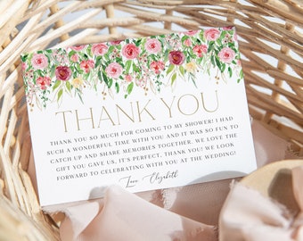 Thank You Card Template, Printable Thank You Card Instant Download Thank You Card, Bridal Shower Thank You, Pink Floral Thank You, BS07