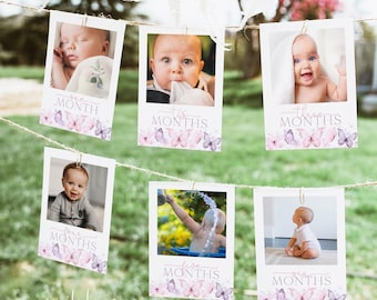 May include: A set of six baby photo cards with a pink and purple butterfly theme. Each card features a different photo of a baby and the text "one month", "two months", "three months", "four months", "five months", and "six months".