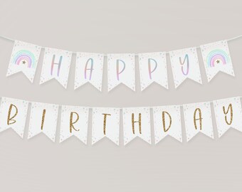 Banner di buon compleanno arcobaleno pastello, banner di buon 1° compleanno stampabile, arredamento del primo compleanno, banner di compleanno pastello modificabile, BD37