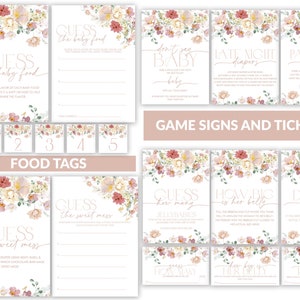 May include: A set of printable baby shower game signs and tickets with a floral design. The signs include games like "Guess the Baby Food", "Don't Say Baby", "Late Night Diapers", "Guess How Many Jellybabies", "How Big is Her Belly", and "Diaper Raffle".