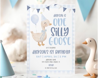 May include: A blue and white invitation card with a cartoon goose holding a blue balloon. The text on the card reads "Jackson is one silly goose. Let's celebrate Jackson's 1st birthday. Sat April 26 | 2 PM. Jackson's Home 1294 Goose Drive, Dallas, TX. RSVP to Mom 129.466.7070."