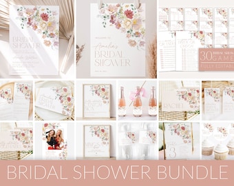 Spring Bridal Shower Invitation Bundle, Floral Bridal Shower Invitation and Games Bundle, Editable Games, Printable Pink Bridal Shower, BS22