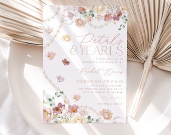 Petals and Pearls Bridal Shower Invitation, Pink Pastel Floral Petals and Pearls Bridal Shower Invite, Editable Bridal Shower Template, BS54
