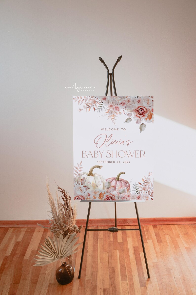 Pumpkin Baby Shower Welcome Sign, Floral Pumpkin Baby Welcome Sign, Girl Baby Shower, Pink Floral Pumpkin, Printable Welcome Sign, BBS106 image 8