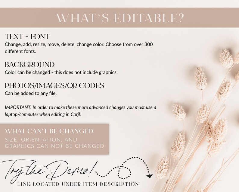 May include: A beige background with a text overlay explaining what is editable and what is not editable in a digital template. The text says "What's Editable?" and lists text, background, photos, images, and QR codes as editable. The text also says "What can't be changed" and lists size, orientation, and graphics as not editable. The text also says "Try the Demo!" with a link located under the item description.