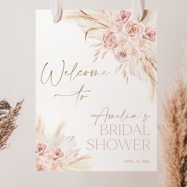 Pink Boho Bridal Shower Welcome Sign Template, Pink Boho Floral Bridal Shower Welcome Poster, Bohemian Bridal Shower Welcome Sign DIY, BS33