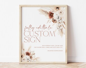 May include: A printable 8x10 inch sign with a floral design in shades of brown and white. The text on the sign reads "fully editable CUSTOM SIGN 8x10 PORTRAIT SIGN. CAN BE USED FOR FAVORS SIGN, CARDS AND GIFTS SIGN, ETC. UNLIMITED DOWNLOADS!!"
