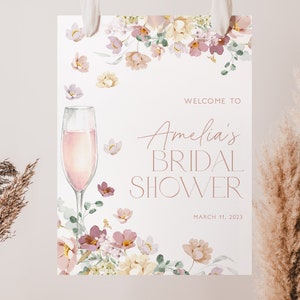 Plantilla de cartel de bienvenida floral para despedida de soltera, cartel de bienvenida para despedida de soltera de primavera, cartel de bienvenida rosa para despedida de soltera, pétalos y prosecco, BS28