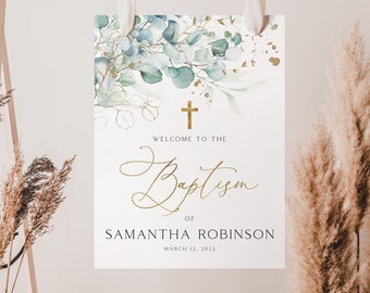 Greenery Baptism Welcome Sign: Gold Cross, Printable Template (Digital Download)