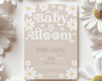 Baby in Bloom Baby Shower Invitation, Daisy Baby in Bloom Invite, Daisy Baby Shower Invite, Beige Daisies Gender Neutral Baby Shower, BBS143