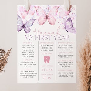 First Birthday Milestone Board Template, Pink Butterfly Milestone Board, Girl Baby Milestone Board, Purple Butterfly Milestone Poster, BD18