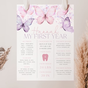 Erster Geburtstag Meilensteintafel Vorlage, rosa Schmetterling Meilensteintafel, Mädchen Baby Meilensteintafel, lila Schmetterling Meilensteintafel, BD18