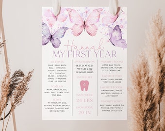 Puede incluir: Un gráfico de hitos del primer cumpleaños de una niña llamada Hannah, con temática de mariposas de acuarela rosa y morada. El gráfico incluye detalles sobre su primer año, incluyendo su fecha de nacimiento, peso, altura y cosas favoritas.